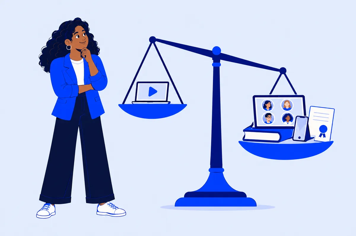 Illustrierte Frau im blauen Blazer betrachtet eine Waage: links ein einzelner Laptop mit Play-Symbol, rechts Laptop mit Videocall, Buch, Smartphone und Zertifikat